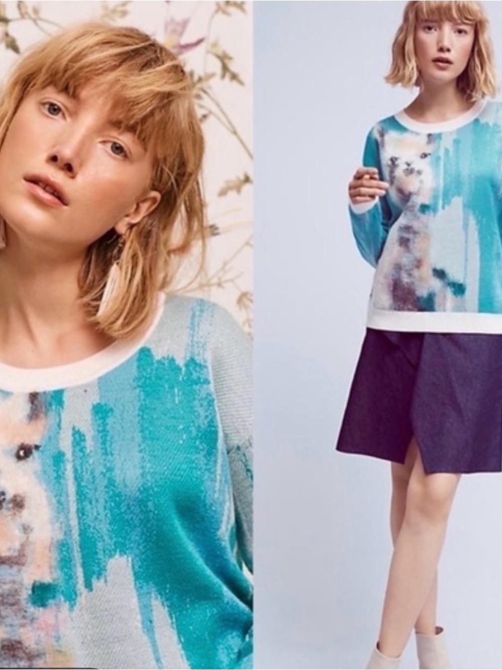 Anthropologie Teal & Cream Llama Graphic Crewneck Sweater